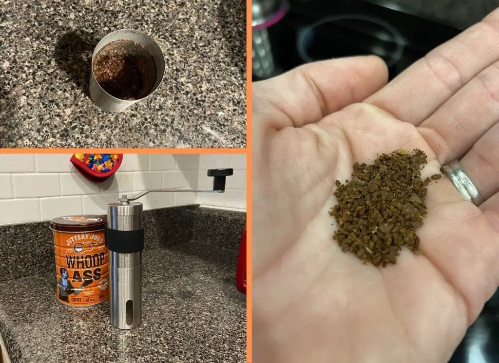 3 photos of coffee grinds and can of coffee