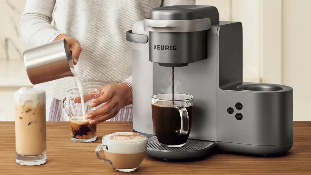 keurig k-cafe with display of all the drinks it can make and frother